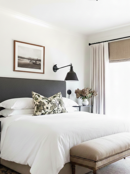 Grey headboard cover and headboard base with printed scatter cushion