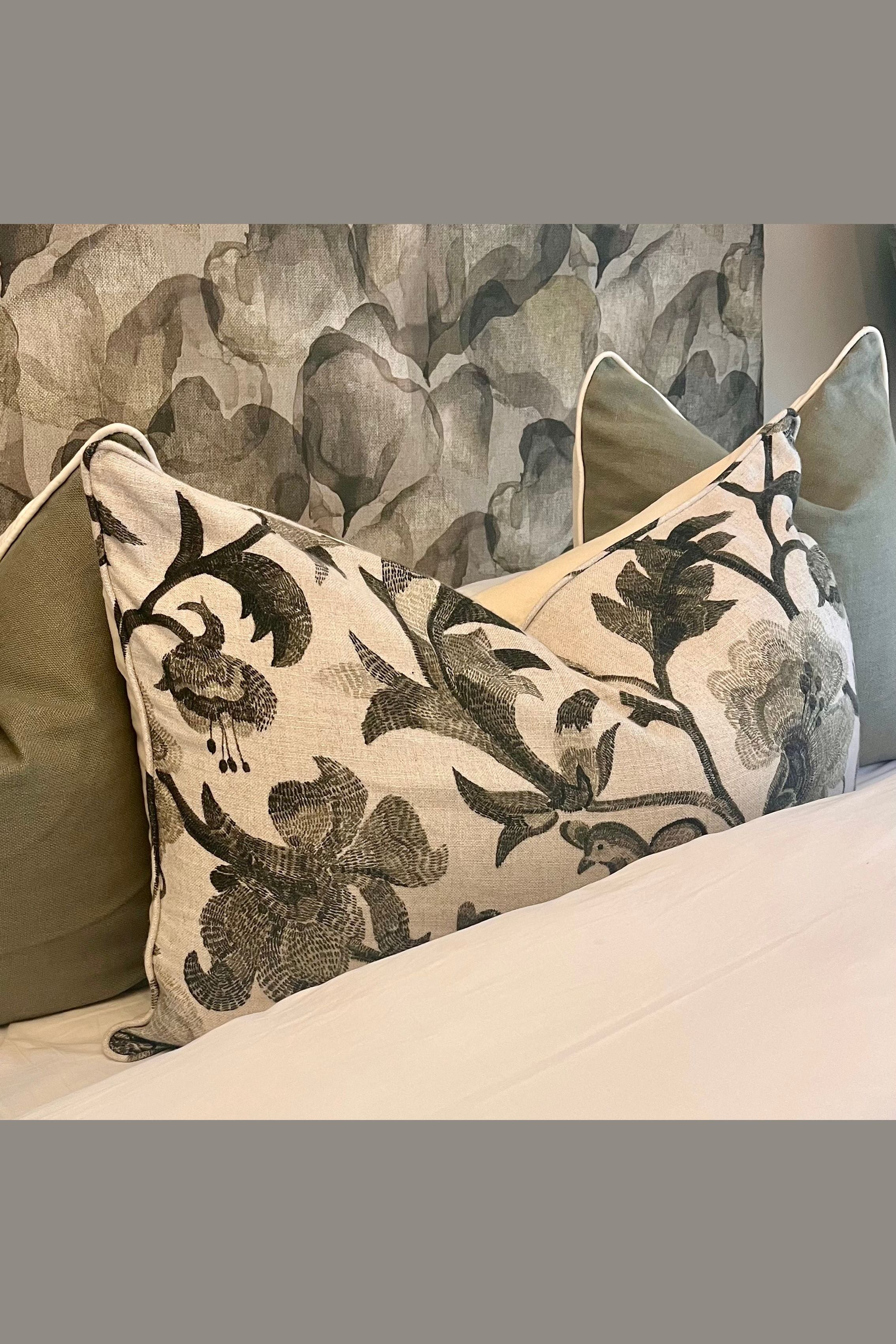 Extra Long Linen Scatter Cushion with intricate moody floral print