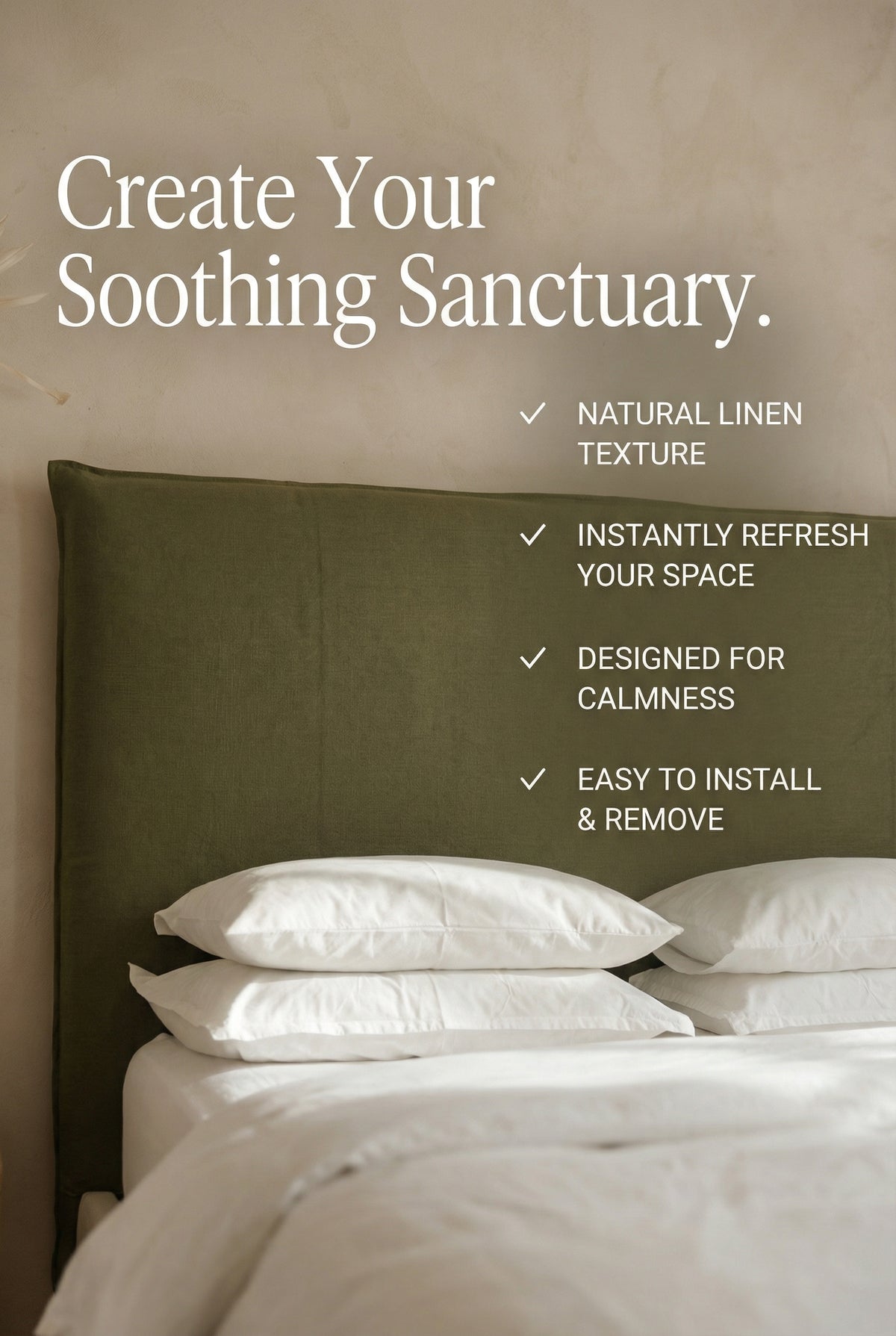 Bed with green headboard and white pillows, featuring text about creating a soothing sanctuary.