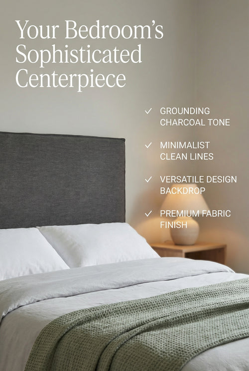 Grey headboard cover and headboard base in a bedroom setting with text highlighting features.
